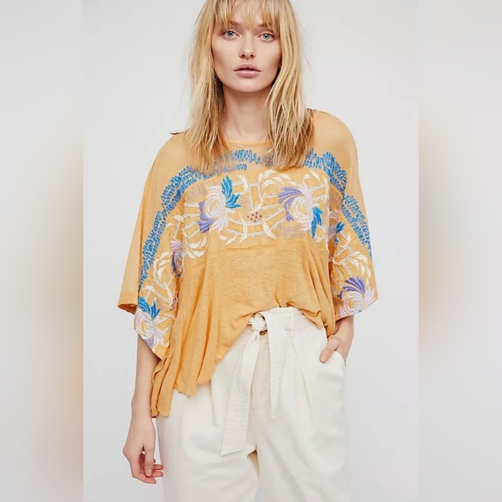 Free People Love Letter Embroidered Peasant Blouse Tangerine - Size: S